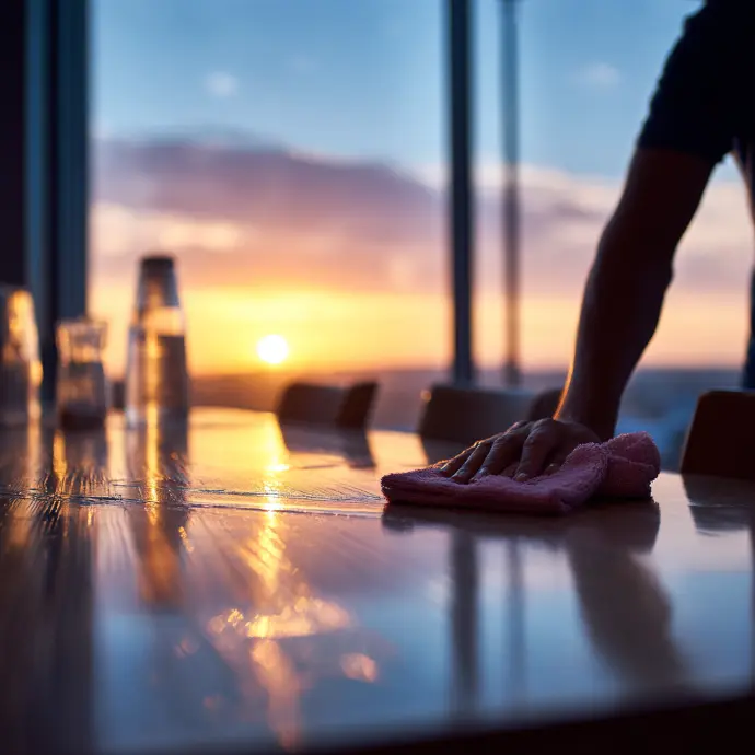 The sun rises on the horizon as the cleaner gently swipes the large conference table of the general office.